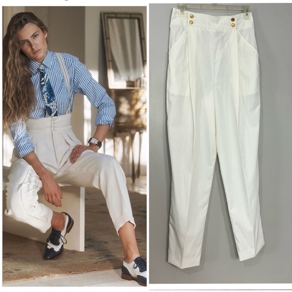 NWT Vintage Nautical High Rise White Pants Preppy Sailor Slacks Old Money Small - Picture 1 of 8